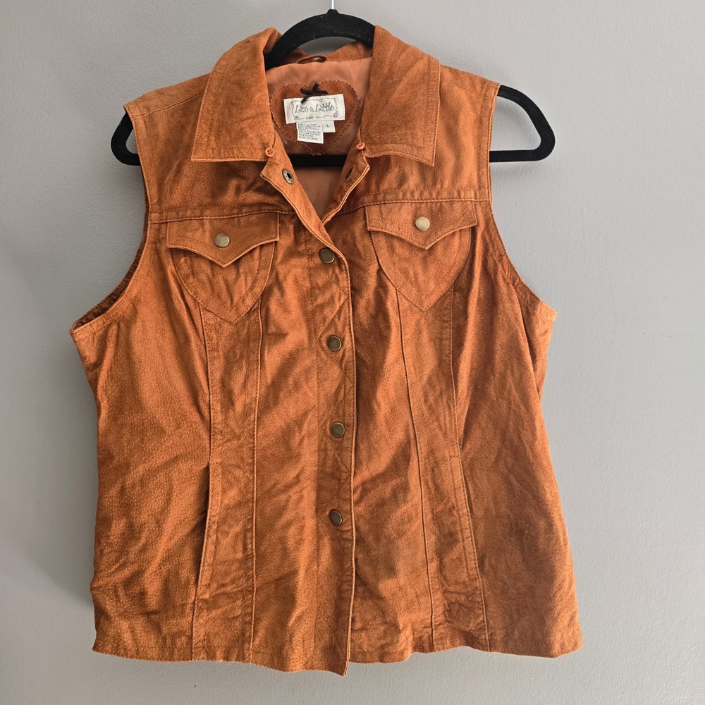 Live a Little Brown Leather Vest Western Boho Sleeveless Jacket Large 3050AS